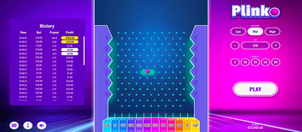 Plinko gameplay and bets history elements.